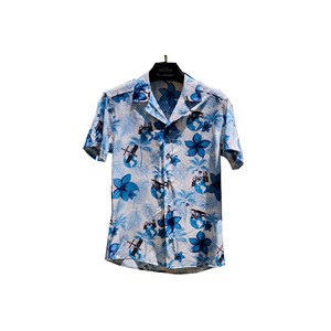 Relaxed Fit Summer Shirt and Shorts Set for Men White and Blue Leaf Patterned Short Sleeve & Loose Collar - Product Image 1