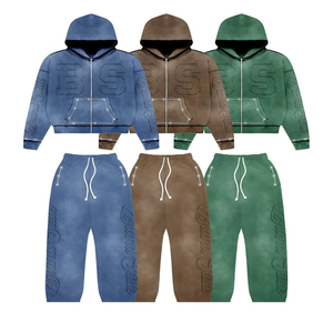 Wholesale Heavyweight Distressed Tracksuit Unisex <b>Embroidery</b> Patch Pullover Acid Washed Oversize Men Suit Streetwear Casual <b>Set</b> - Product Image 1