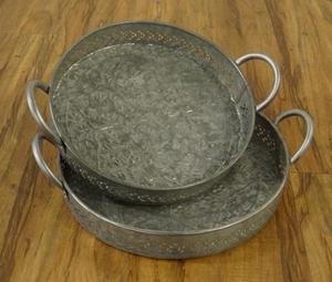 Plateau de service rond en métal galvanisé gaufré avec poignées pour la maison et les hôtels Plateaux de service pour aliments et boissons de table - Product Image 2