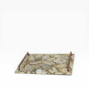 Plateau de service rectangulaire en agate naturelle noire et grise avec des rails latéraux dorés minimalistes pour une décoration moderne et luxueuse - Product Image 4