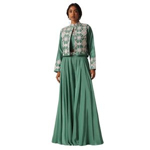 Verde arte seta Palazzo Set con il lavoro a specchio all'ingrosso donna abbigliamento etnico OEM fornitore di abbigliamento personalizzato festa di nozze vestito - Product Image 3