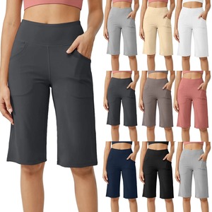 Women Elastic High Waist Casual Active Fit Knitted Breathable Quick Dry Wide Capris Yoga <b>Leggings</b> Soft Gym Knee Length Pockets - Product Image 1