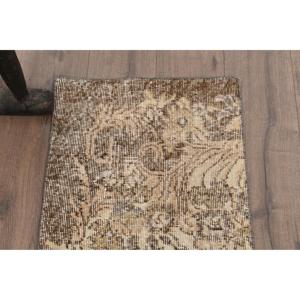 Vintage Rug, 1.6x4.4 ft Turkish Rug, <b>Brown</b> Beige Bordered <b>Wool</b> Rug - Product Image 4