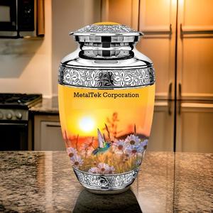 Urna Funeraria Clásica Humming Bird Meadows con Vista al Atardecer, Urna de Metal de Latón Niquelado de Alta Calidad con Tapa de Rosca y Cierre - Product Image 4