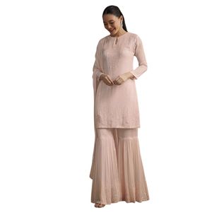 Abito tradizionale da festa per matrimoni e damigelle rosa Chinon Sharara con paillettes - Product Image 2