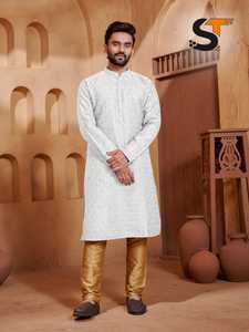 ชุดนอนลายชนเผ่าคลาสสิกสำหรับสุภาพบุรุษ Kurta พร้อมผ้าที่ดีสำหรับการแต่งกายแบบดั้งเดิมและงานเฉลิมฉลองตอนเย็น - Product Image 2