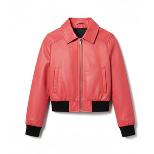 Chaqueta Bomber de Motociclista para Mujer, de Algodón Estampado Rojo Coral, Ajustada, Impermeable, con Cintura y Puños Acanalados Negros - Product Image 2