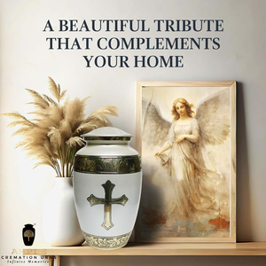 Urna de cremación blanca y dorada con urna funeraria cruzada para adultos para cenizas humanas, urna conmemorativa religiosa con diseño de hoja grabada - Product Image 5