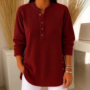 Camiseta Holgada de Manga Larga con Cuello en V y Botones para Mujer, Estilo Casual de Otoño, Color Sólido, Talla Grande - Product Image 1