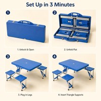 Table de pique-nique pliante bleue 4 places avec banc et trou pour parasol, structure en aluminium, portable pour le camping