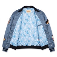 Blouson Bomber Oversize en Satin Unisexe Bleu Acier Noir avec Patchs en Chenille Doublure Sublimée Logo Personnalisé OEM Streetwear