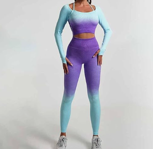 ชุดออกกำลังกายฟิตเนสสำหรับผู้หญิงชุดครอปโยคะเอวสูงและเลกกิ้งเอวยางยืดระบายอากาศได้สีพื้นชุด2ชิ้น - Product Image 1