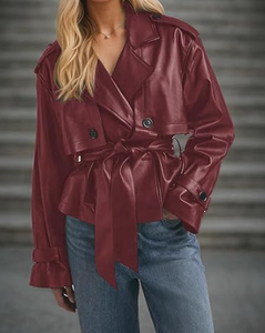 Veste en simili cuir ceinturée pour femme, style automne, Modo, décontractée, veste courte en simili cuir, trench-coat - Product Image 3