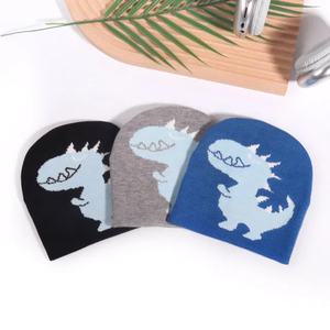 Automne et hiver enfants Jacquard Beanie chapeaux avec motif dinosaures mignon enfants couleur unie en peluche chaud bonnets casquette - Product Image 1