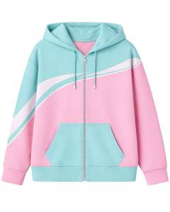 Sweat-shirt à capuche zippé pour homme, bleu menthe et rose bébé, bloc de couleur, doublure en polaire, décontracté, fermeture éclair sur le devant, streetwear d'hiver - Product Image 1