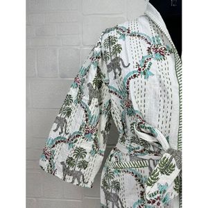 Kimono long en coton Kantha Reine pour femme, veste décontractée d'été, vert pastel, tissu tissé doux Affe Tier - Product Image 3