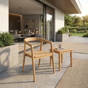 Fauteuil de salle à manger d'extérieur en teck naturel avec dossier incurvé, chaise de patio à lattes, mobilier de décoration de salle, design artistique pur - Product Image 2