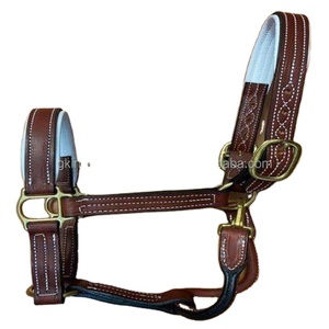 Beau licou de cheval en cuir véritable blanc rembourré à la main-marron - Product Image 1