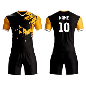 Ensemble de maillots de football pour hommes, noir et jaune, imprimé géométrique, col en V, manches courtes, évacuation de l'humidité, coupe athlétique, uniforme sublimé Ronpex - Product Image 1