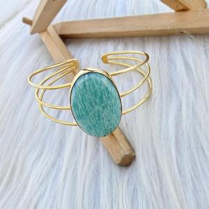 Bracelet manchette en amazonite naturelle de forme ovale, bijoux fantaisie, métal en laiton massif plaqué or 18 carats, bande à trois couches, réglable - Product Image 3