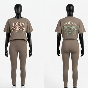 Womens 240 GSM Cotton Polyester Oversized T Shirt and High Waist Legging Set Puff Print Custom Logo Color <b>Rust</b> Women's Sets - Product Image 6