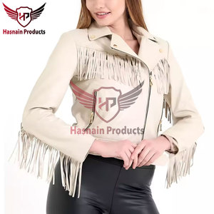 Womens Real Beige Leather <b>Jacket</b> Fringe Yoke Tassels Belted Sheepskin Cream <b>Western</b> Cowgirl Biker Coat Custom Winter Outerwear - Product Image 2
