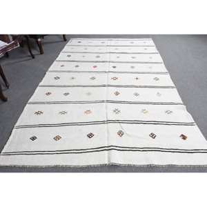 Tapis de salon moderne en laine blanche de 5.4x8,9 pieds avec motif patchwork rayé et support en latex de style turc - Product Image 1