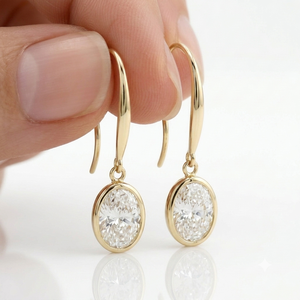 18K Yellow Gold Oval Cut <b>Dangle</b> Bezel Setting <b>Earrings</b> Lab Grown <b>Diamond</b> IGI Certified Women's Classic Style Everyday Wear - Product Image 1