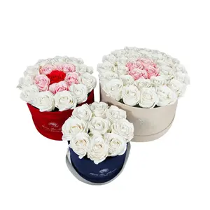 סט משומר קופסאות ורדים זמש אריזות קרטון לפרח מותאם אישית מתכלה קשיח צורה עגולה נייר מתנה פרח