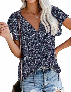 Nuevas blusas de verano de manga corta con cuello de pico floral para mujer - Product Image 1