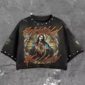 T-shirts pour hommes personnalisés en coton 100% 250g 300gsm, coupe courte, bord brut, épaules tombantes, impression DTG, effet délavé soleil diamant, effet vieilli - Product Image 1