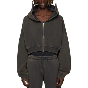 Sweat à capuche à fermeture éclair en éponge française personnalisé pour hommes 450-500gsm finition délavée Vintage High Street Style 100% coton coupe régulière - Product Image 2