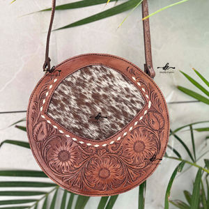 New Arrival Western Style Hand Tooling Carving Stylish Handbag Cowhide Fur Sling <b>Bag</b> Crossbody Shoulder Round <b>Bags</b> Women's - Product Image 1