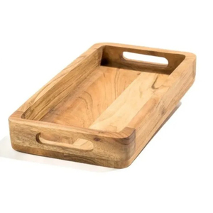 Plateau de service en bois de manguier artisanal avec motif floral blanchi et poignées, plat rectangulaire décoratif pour la décoration de la cuisine - Product Image 2