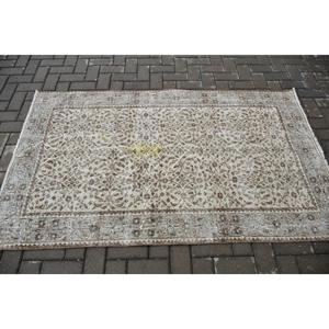 Vintage Accent Rug 3.8x6.2 ft (115x188 cm), Turkish <b>Brown</b> Striped <b>Wool</b> Rug - Product Image 3