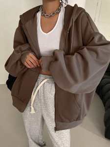 Women Oversized <b>Brown</b> <b>Zip</b> Up <b>Hoodie</b> Cotton Fleece Jacket Full Zipper Drawstring Hood Loose Fit Drop Shoulder Casual Winter Wear - Product Image 4