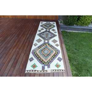 Tapis vintage, tapis de couloir 2,7x10 pieds, tapis Herki blanc camouflage - Product Image 1