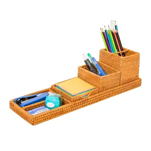 100% Natuurlijke Rotan Bureau Topper Organizer Met Pen En Post It Houder Spullen Stand Dienblad Potlood Kunst Benodigdheden Opslag Voor School