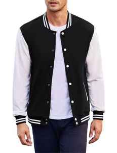 Chaquetas universitarias de algodón chenilla personalizables con cuello levantado para hombre, ropa de calle a granel de invierno en negro y blanco con posición de logotipo frontal - Product Image 1