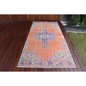 Alfombra Turca de 4.2x9 pies, Alfombra Vintage, Alfombra Marroquí de Lana Naranja y Azul - Product Image 1