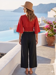Women's Bohemian <b>Crop</b> <b>Top</b> Blouse <b>Red</b> Three Quarter Bell Sleeve Boat Neck Elastic Waist Solid Color Spring Summer Regular Fit - Product Image 6