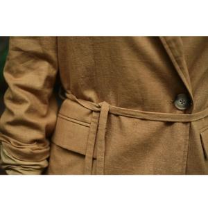 Casual Women's 100% Natural Ramie Woven Thin Slouch <b>Tie</b> Jackets Autumn/Winter Flap Side Pockets Plaid Front Button Cotton Filled - Product Image 1