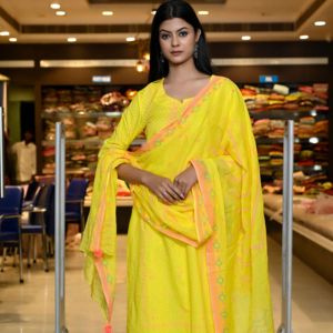 Conjunto de Kurta Amarillo de Corte Recto con Bordado, Cuello en V, Sin Mangas, Transpirable, con Dupatta, Hecho a Mano en India, de Algodón, Elegante, de Diseñador, para Mujer - Product Image 1