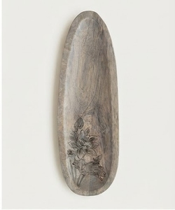 Assiette de service en bois de manguier faite à la main, forme ovale, motif floral gravé, style minimaliste, vaisselle et assiettes - Product Image 5