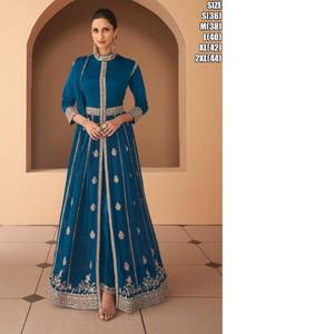 2025 seda étnica india rayón Anarkali azul Salwar Kameez bordado pesado Dupatta mangas completas acampanadas fiestas largas viscosa - Product Image 3