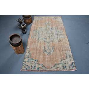 Alfombra de retazos azul marrón Vintage 3,4X7,2 pies área grande alfombra de área de algas marinas turcas látex para pasillo alfombra de habitación abstracta - Product Image 1