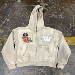 Sweat à capuche zippé personnalisé avec motif graphique, hiver, 100% coton molletonné, broderie vintage, patchwork, appliqué vieilli, lavage à l'acide, poche - Product Image 5