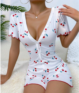Mono de verano personalizado para mujer, pijama de una pieza, mono sexy para mujer, mono con estampado de cerezas, ropa de dormir para mujer - Product Image 5