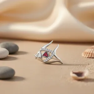 Ensemble de bijoux fins en argent 925 pour femmes sur le thème du poisson avec rubis et émeraude taille diamant plaqué or pour les occasions de fête et de cadeaux - Product Image 2