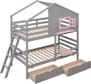 Lit superposé pour enfants avec 2 tiroirs de rangement et toit de fenêtre cadre de lit gris échelle et étagère pour fenêtre maison boîte de rangement - Product Image 3